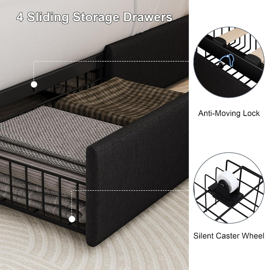 Queen Size Upholstered Platform Bed Frame with 4 Storage Drawers and Charging Station, Linen Button Tufted Wingback Headboard, Sturdy Wooden Support Slats, No Box Spring Needed, Black