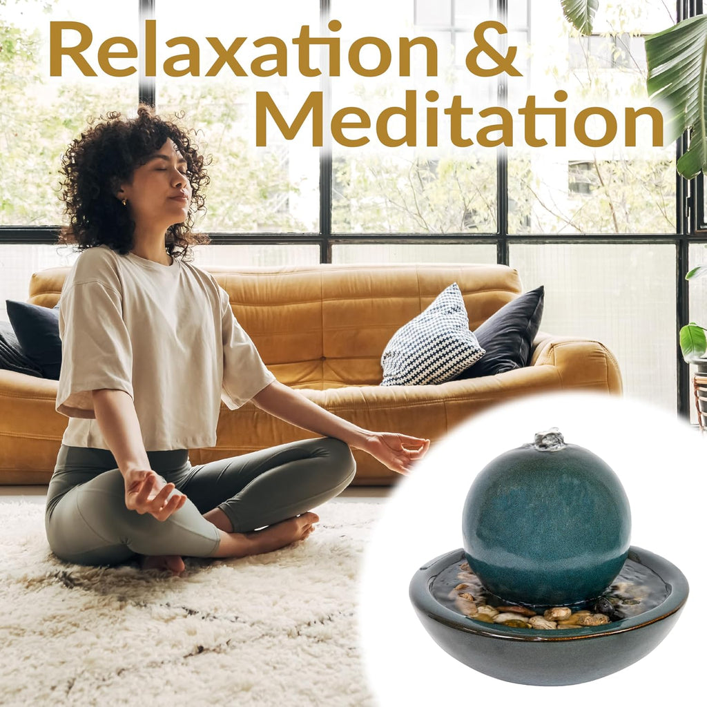 Sunnydaze Tabletop Ceramic Tabletop Fountain with Orb - Relaxing Indoor Fountain for Meditation - for Office, Bedroom, or Living Room - Teal - Set of 4