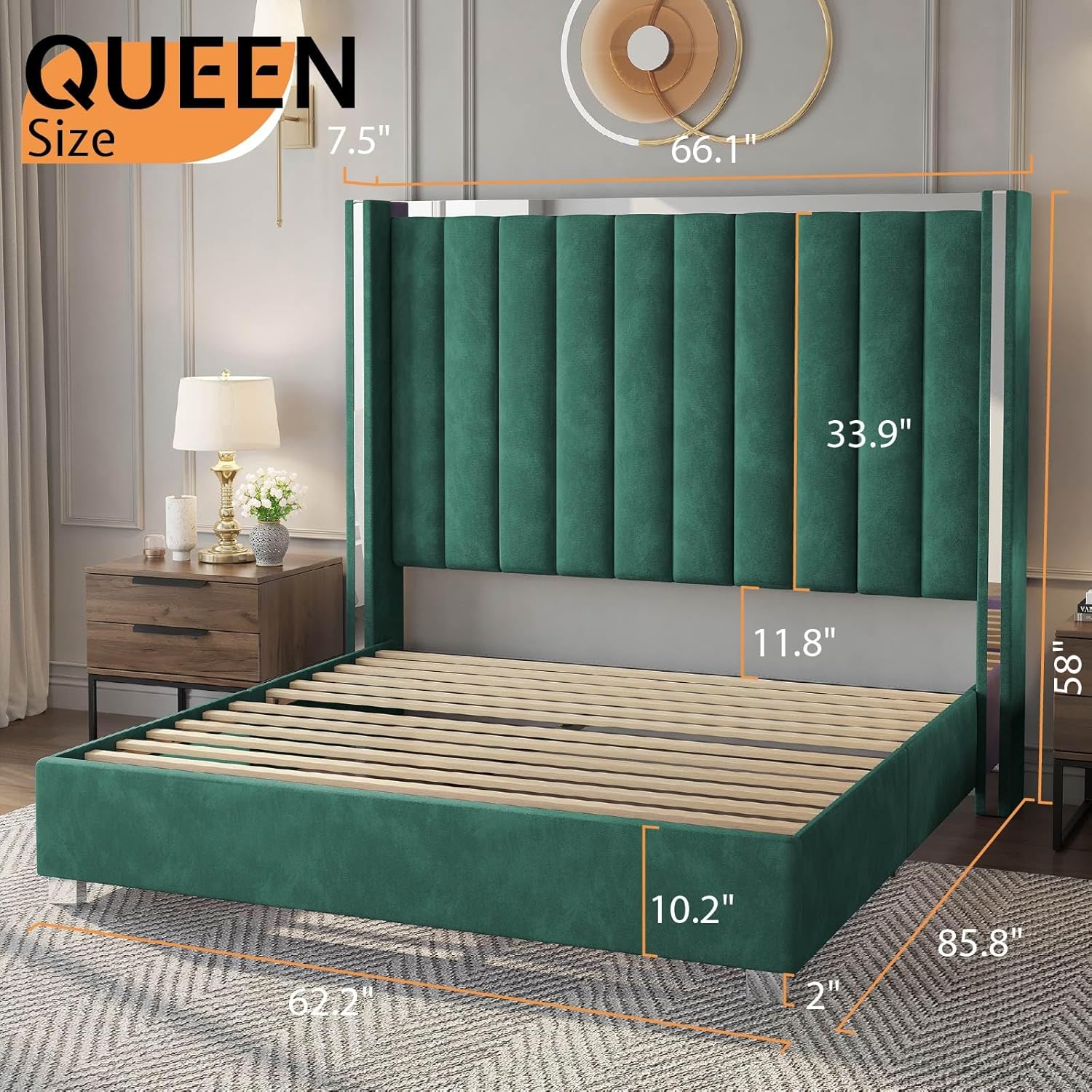 Jocisland Bed Frame with 58' Tall Headboard, Platform Velvet Upholstered Bed with Channel Tufted Wingback Headboard and Plating Trim, No Box Spring Needed, Green, Queen