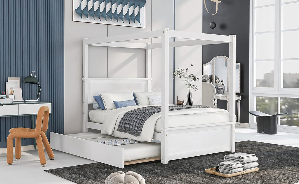 Harper & Bright Designs Wood Canopy Bed with Trundle Bed,Full Size Canopy Platform Bed with Support Slats .No Box Spring Needed, Brushed White