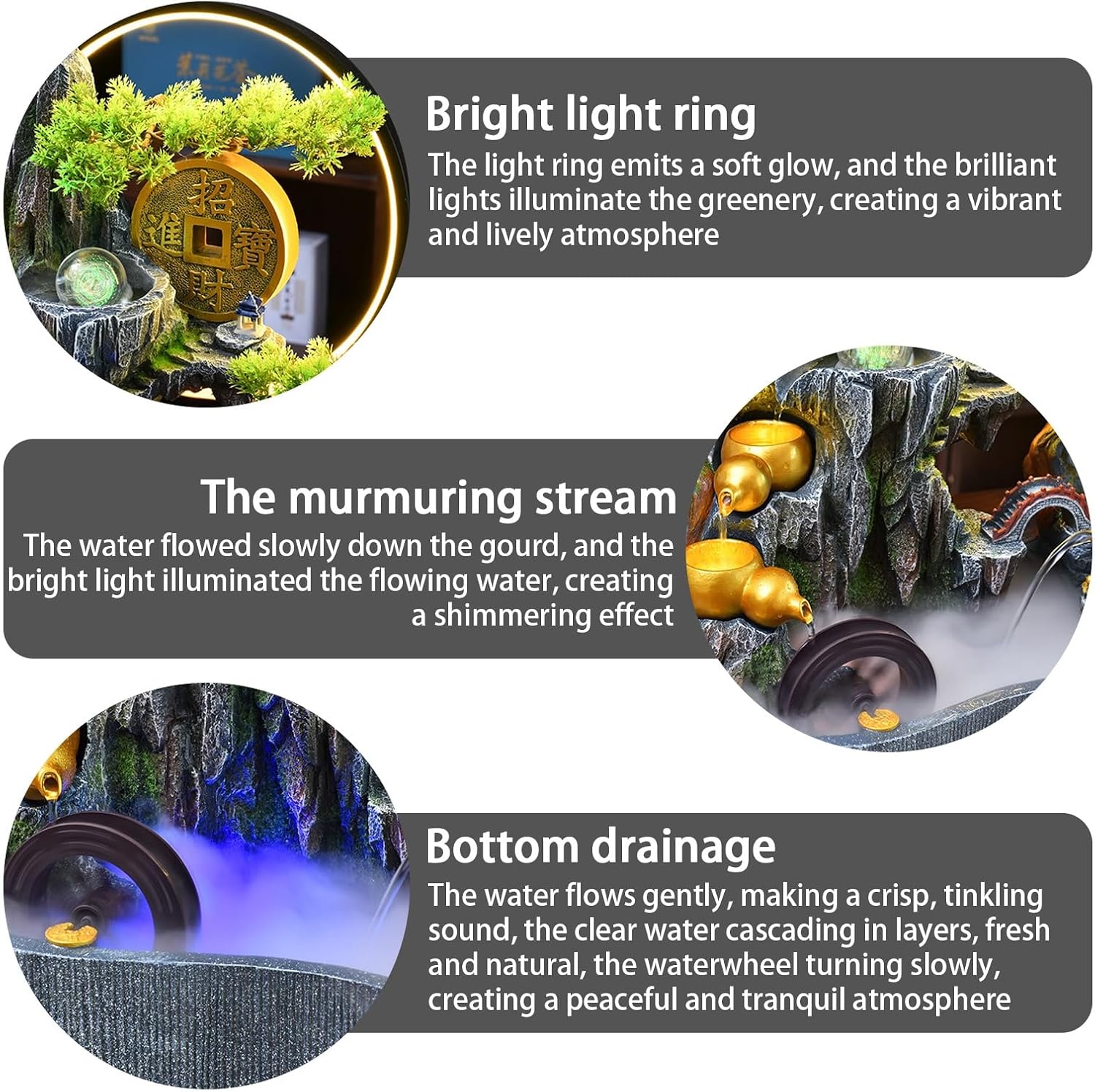 Tabletop Water Fountain, Indoor Bonsai Waterfall with LED Light, Resin Desk for Living Room, Office, Bedroom, Study(B)