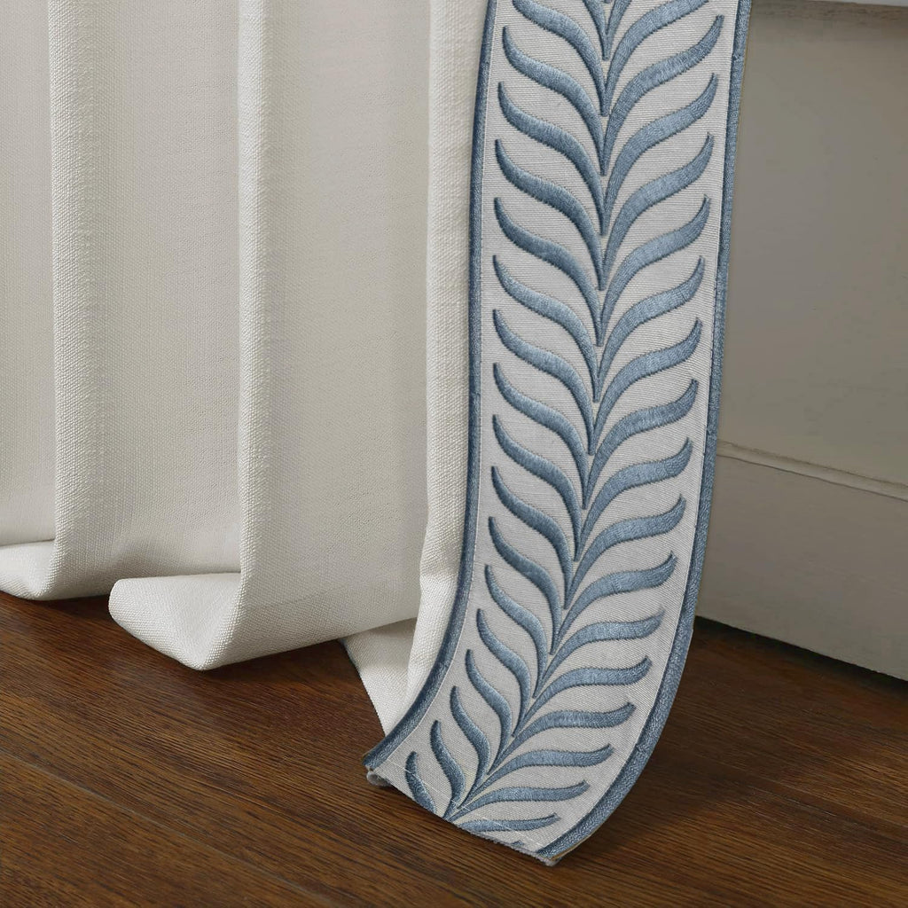 105 inch Pinch Pleated Drapes with Blue Embroidered Trim Faux Linen Pinch Pleat Lined Curtains for Sliding Glass Door, 50W x 105L, Beige White V2, 2 Panels
