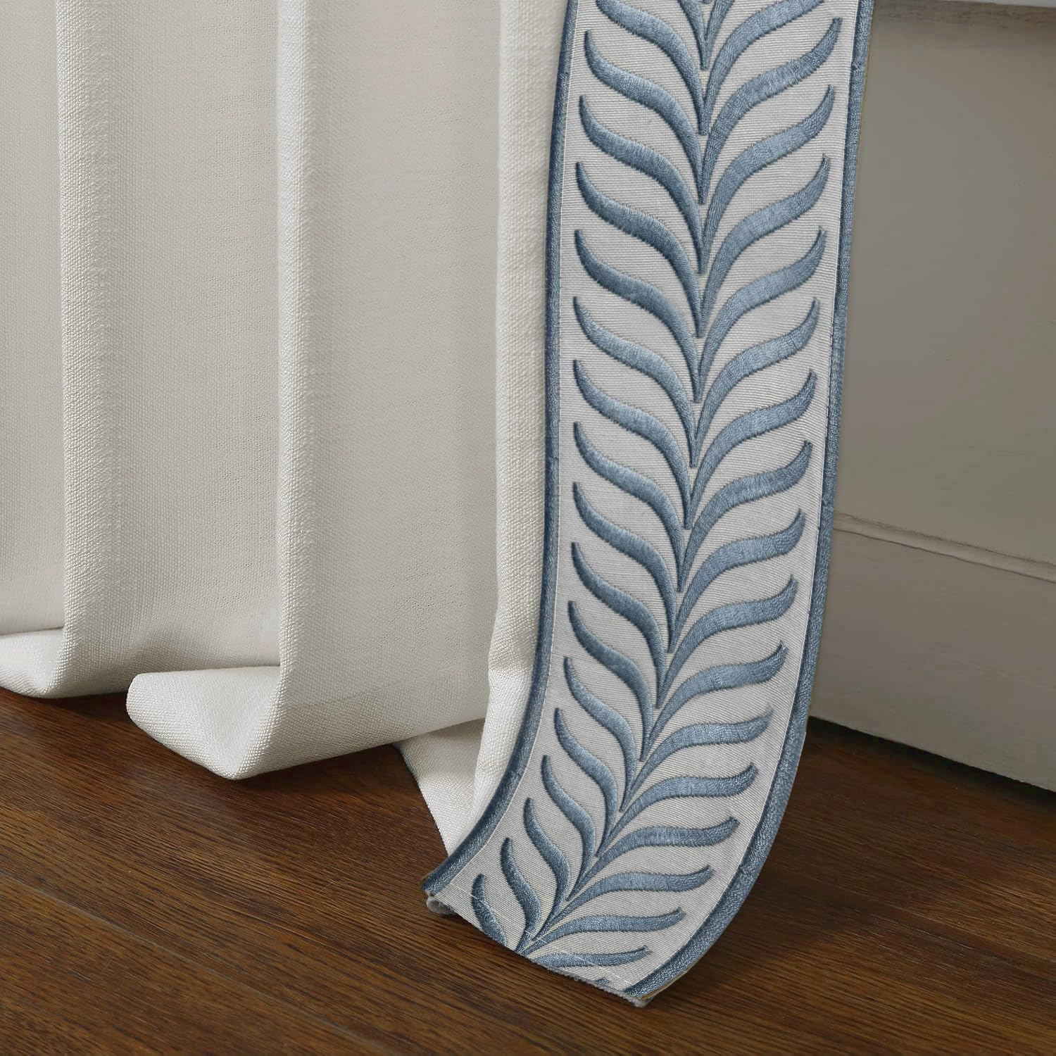 105 inch Pinch Pleated Drapes with Blue Embroidered Trim Faux Linen Pinch Pleat Lined Curtains for Sliding Glass Door, 50W x 105L, Beige White V2, 2 Panels