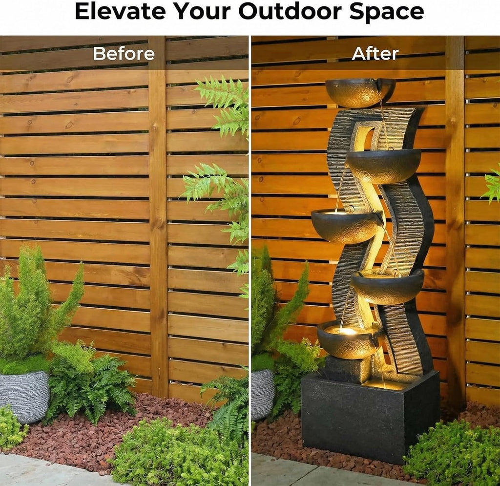 Bumilgar 52.8 Tall Garden Water Fountain Outdoor for Garden, Patio, Backyard, Deck, Porch and Home Art Decor, 6 Tiers Modern Cascading Large Outdoor Fountain with Lights