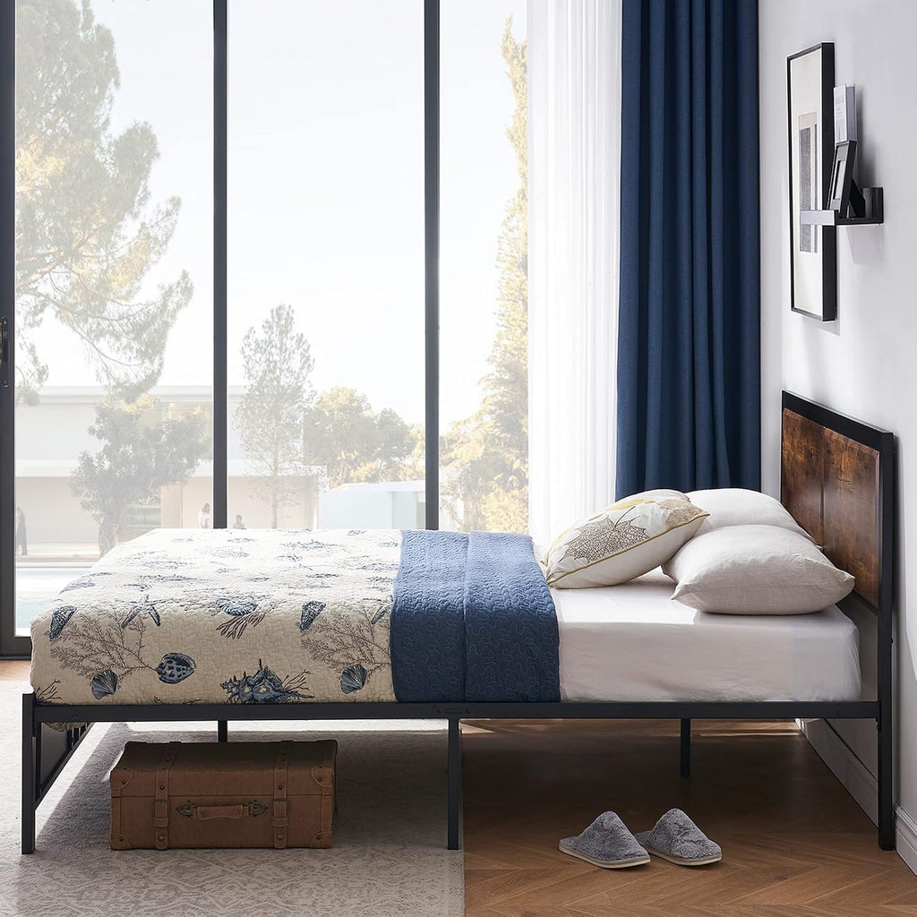 VECELO Queen Platform Bed Frame/Mattress Foundation with Rustic Vintage Wood Headboard, Strong Metal Slats Support, No Box Spring Needed