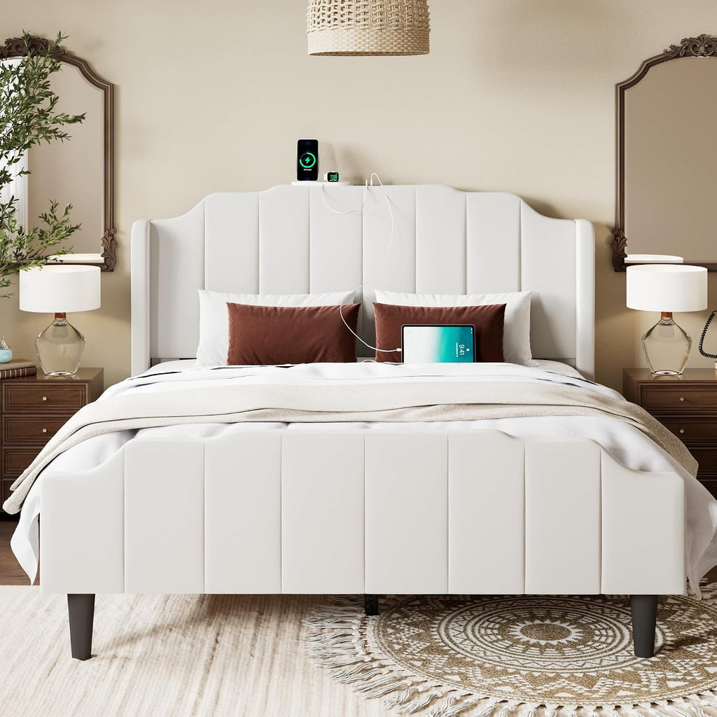 Allewie Vintage Full Size Velvet Platform Bed Frame with Curved Vertical Tufted Wingback Headboard and Footboard, Charging Station, Easy Assembly, Under Bed Storage, No Box Spring Required, White