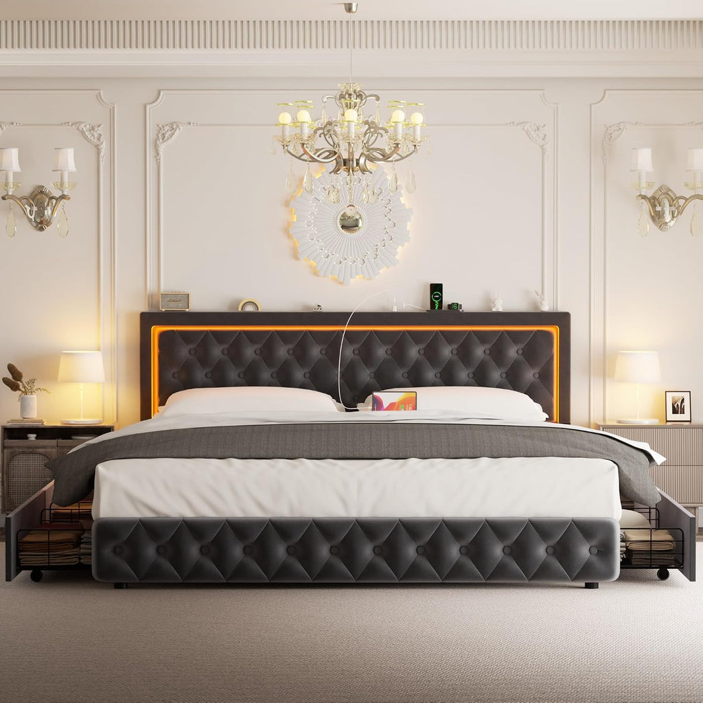Full Bed Frame with 4 Storage Drawers, Velvet Upholstered Bed Frame Full Size with Charging Station and LED Lights, 46' Adjustable Button Tufted Headboard, No Box Spring Needed, Grey