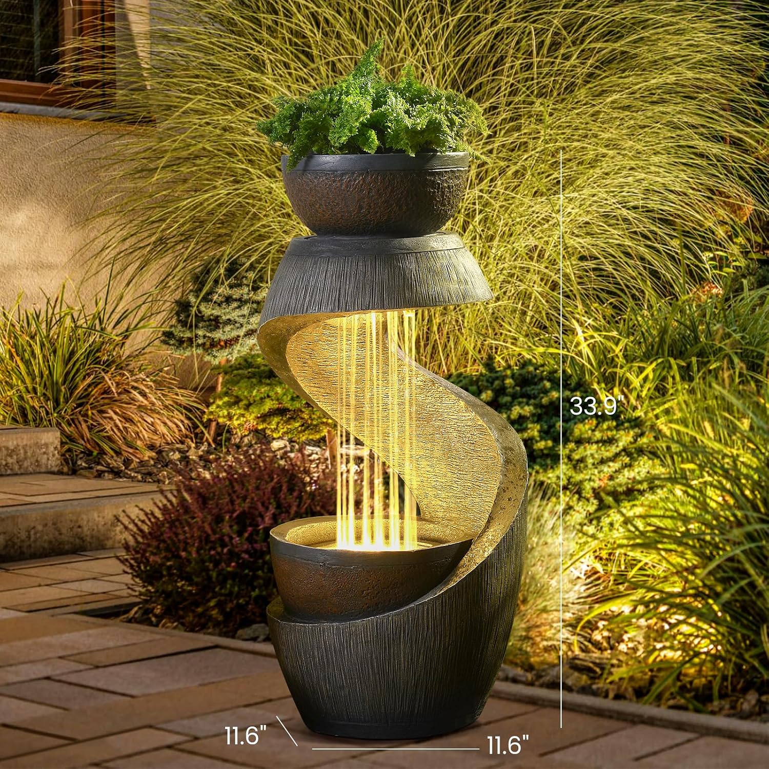 Outdoor Water Fountain with LED Lights, 31.9' Modern Resin Waterfall Fountain Outdoor, S-Shaped Garden Water Feature for Yard, Balcony, Home Decor, Patio Fountian and Waterfalls, Grey
