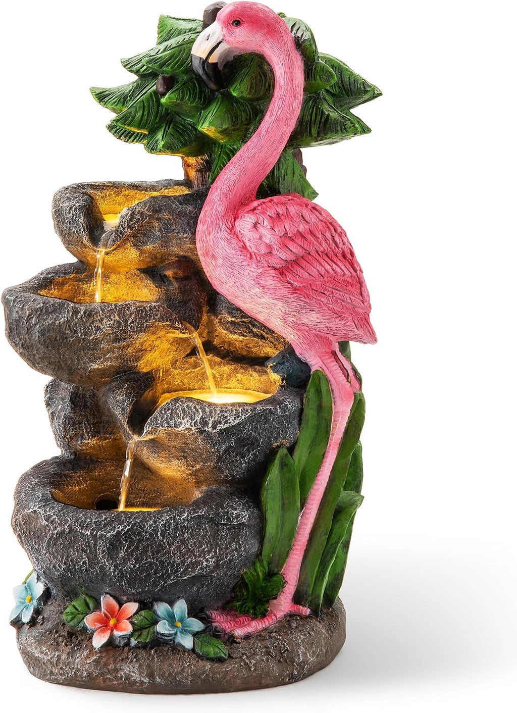 Glitzhome Outdoor Water Fountain, 4-Tiered Flamingo Outdoor Fountain with Lights, 23.5' H Polyresin Decorative Waterfall Feature Garden Fountain with Pump for Garden, Patio, Yard, Deck, Porch Decor