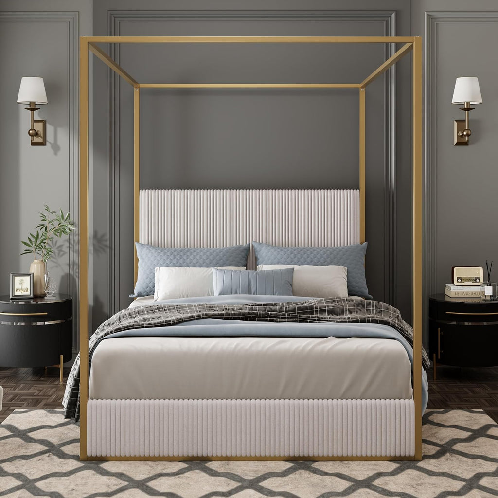 Four Poster Queen Bed Frame - Modern Metal Canopy Design with Tall Upholstered Headboard, Luxury Master Bedroom Furniture (Beige,Gold, Queen)