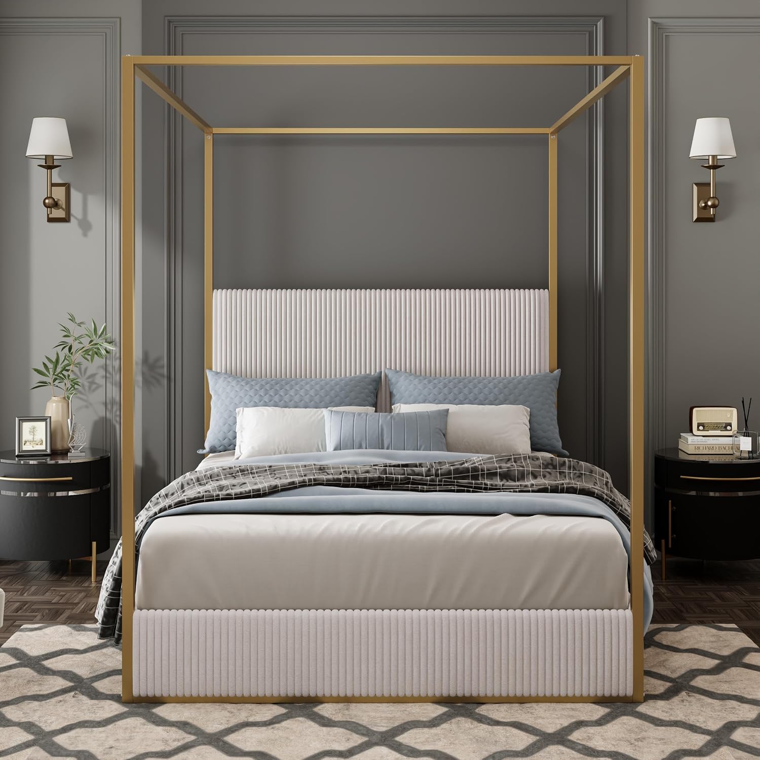 Queen Size Canopy Bed with Tall Upholstered Channel Headboard, Metal 4 Poster Upholstered Bed, No Box Spring Needed (Gold + Beige, Queen)