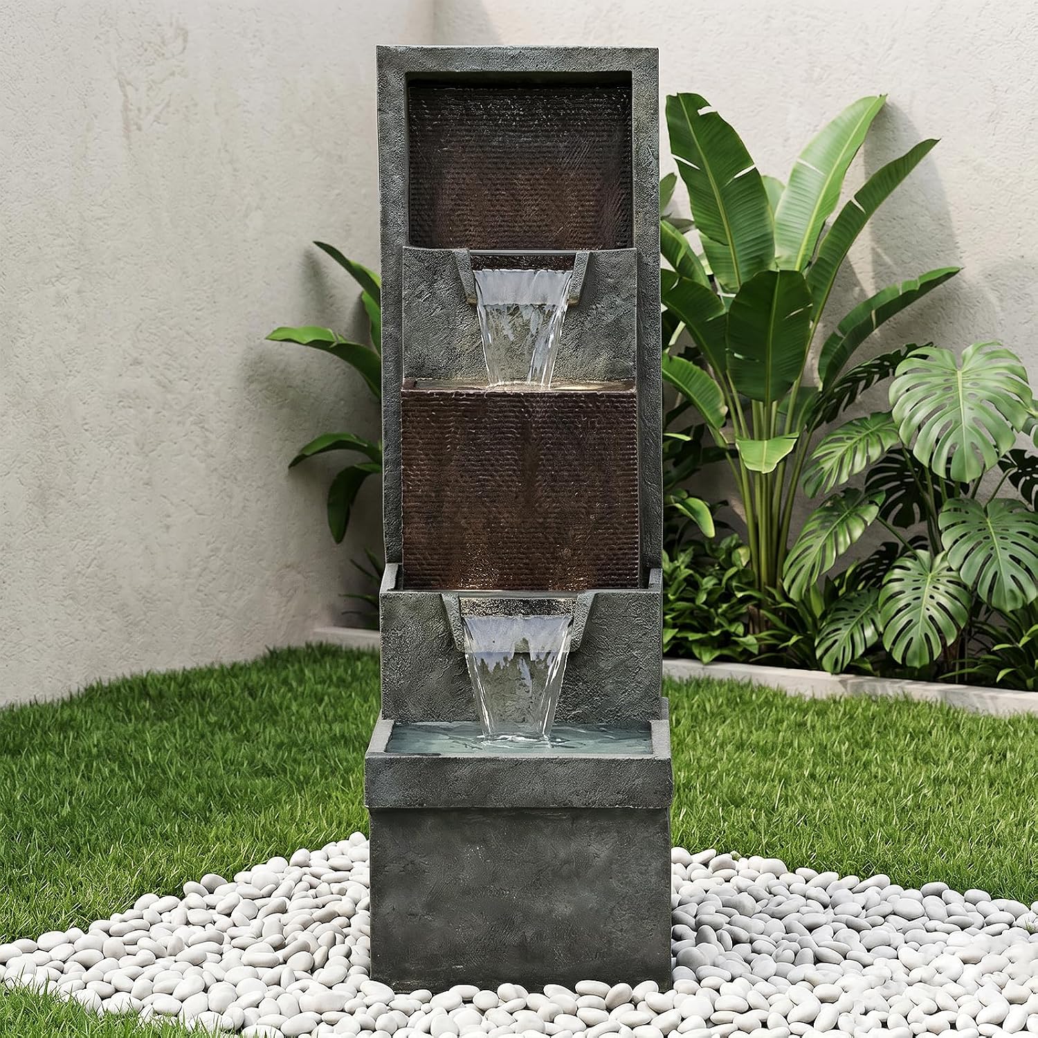 Naturefalls 39.3' Tall 4-Tier Outdoor Water Fountain with LED Lights - Gray Resin Indoor/Outdoor Waterfall Fountain for Garden Patio Deck Backyard Home Decor