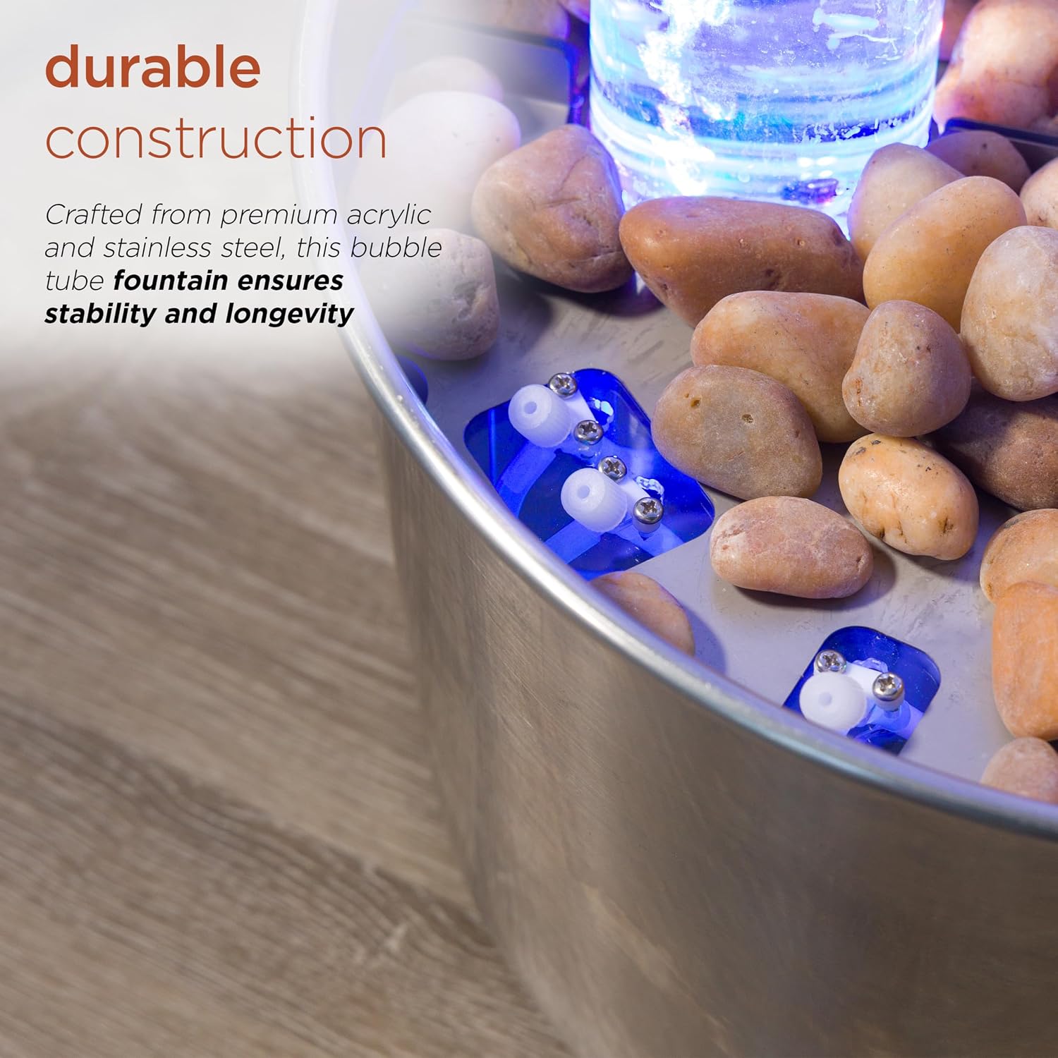 Alpine Corporation 54' Tall 3 Tier Indoor and Outdoor Water Acrylic Bubble Fountain for Home, Office, and Patio Decor, with Remote and 16 Color LED Lights, Silver Base
