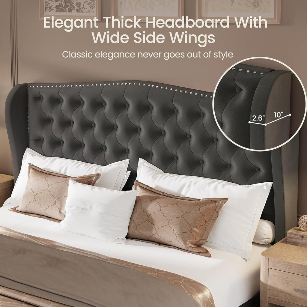 LARMACE Queen Size Bed Frame Velvet Upholstered Platform Bed with Wingback Headboard & Footbaord, Deep Button Tufted Bed Frame with Wood Slats Support, No Box Spring Needed, Grey