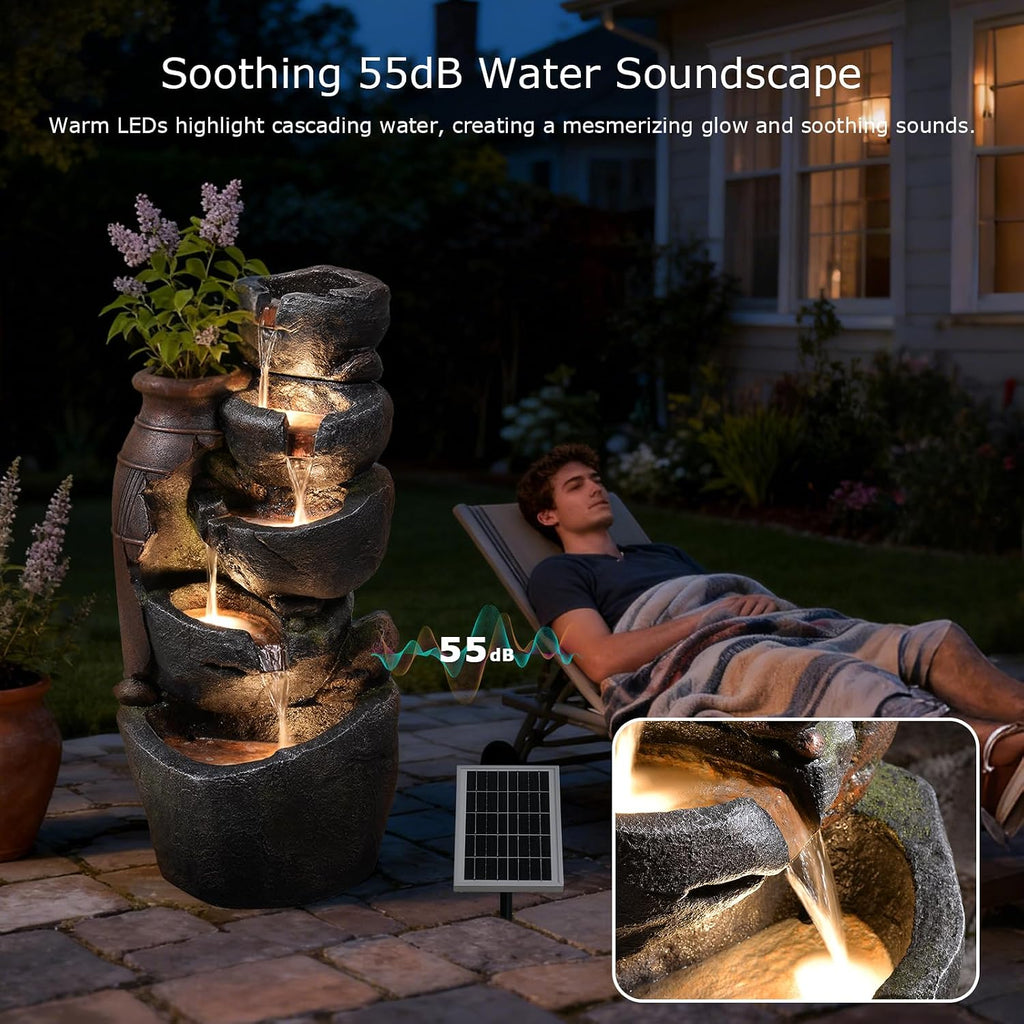 5 Tier Rock Solar Water Fountain Outdoor with Vintage Jar, Cascading Waterfall Fountain with LED Lights, Outdoor Fountains for Garden or Patio, Yard, Deck Decor, 16.5' L x 12.6' W x 31.7' H
