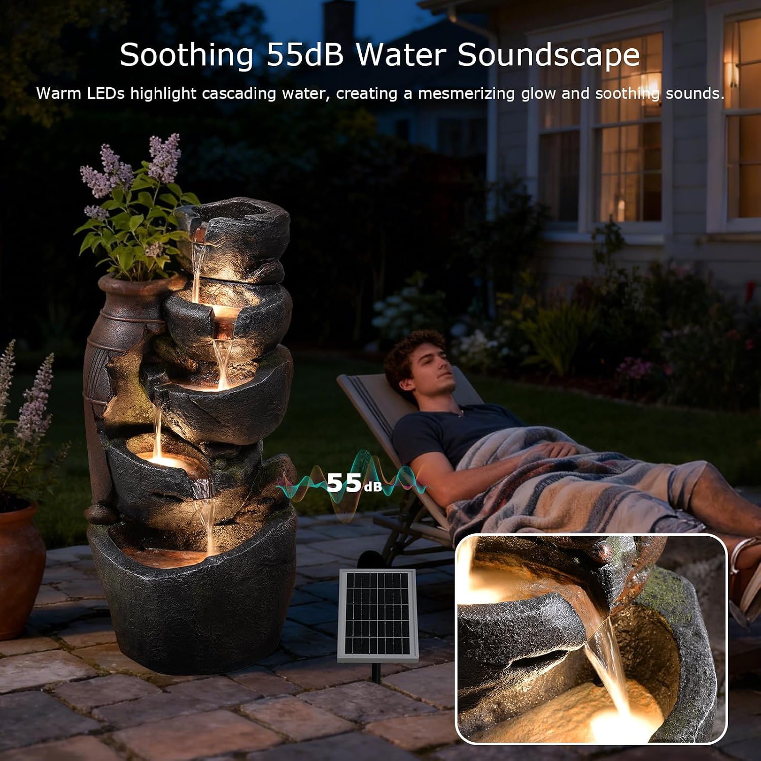 5 Tier Rock Solar Water Fountain Outdoor with Vintage Jar, Cascading Waterfall Fountain with LED Lights, Outdoor Fountains for Garden or Patio, Yard, Deck Decor, 16.5' L x 12.6' W x 31.7' H