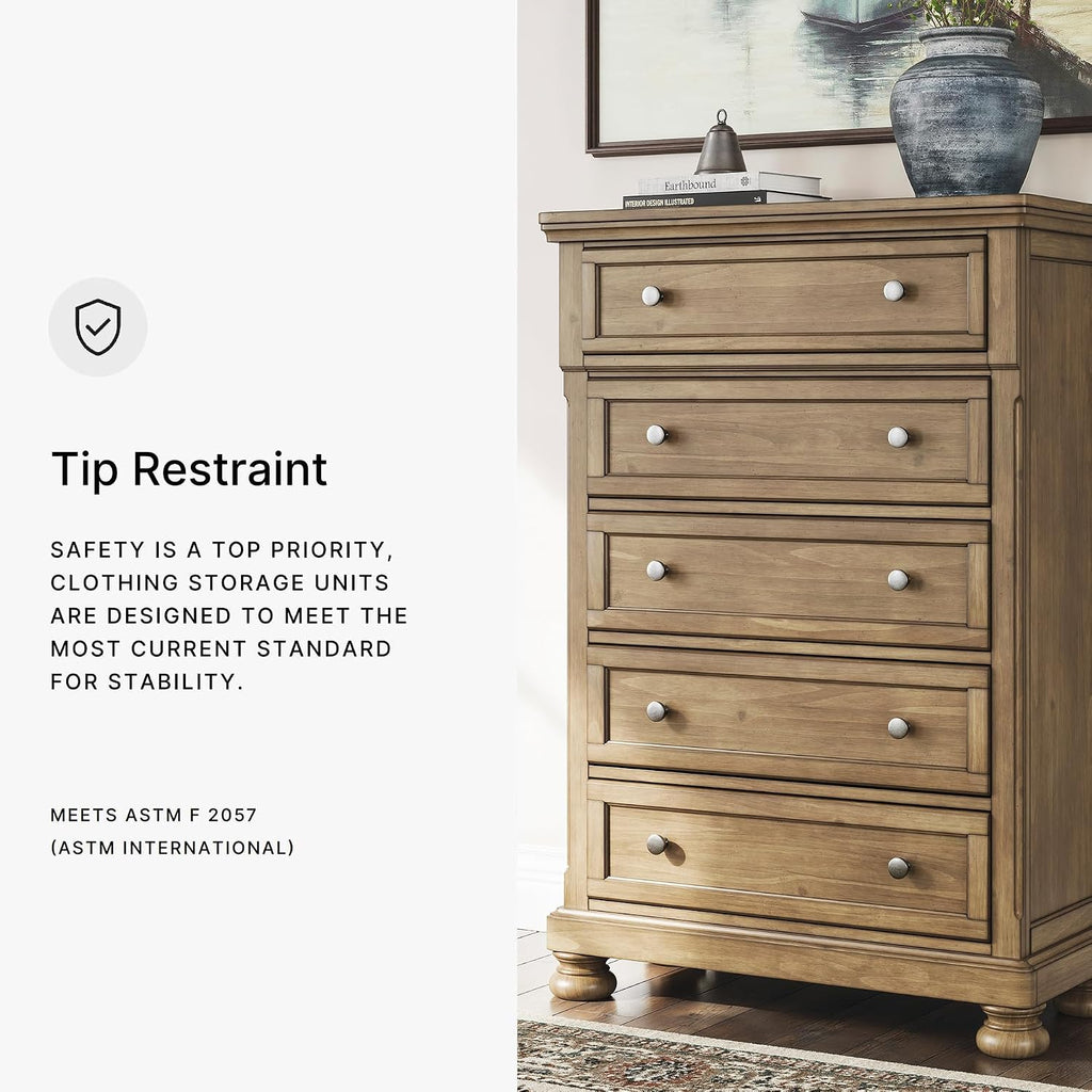 Signature Design by Ashley Glarrison Farmhouse 5-Drawer Chest with Felt-Lined Top Drawer and Easy Glide for Bedroom, Light Brown
