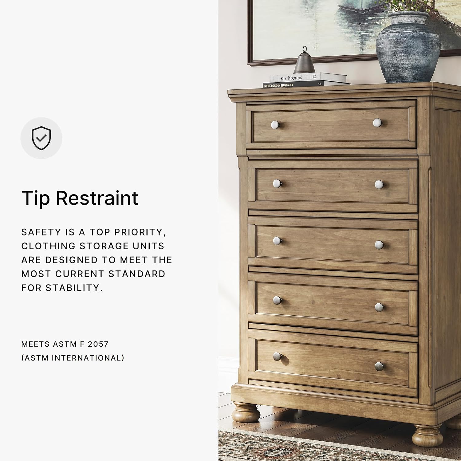 Signature Design by Ashley Glarrison Farmhouse 5-Drawer Chest with Felt-Lined Top Drawer and Easy Glide for Bedroom, Light Brown