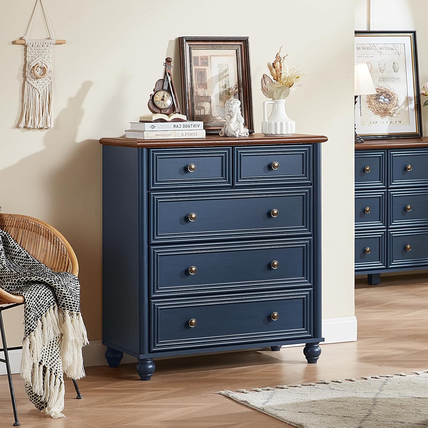 Farmhouse Dressers & Night Stand Set of 3, Wood 54' Wide 6 Drawer Dresser & 35.5'Tall Chest of Drawers, 18' with Charging Station Nightstand, Bedroom Furniture Dresser Set for Home Living Room Hallway