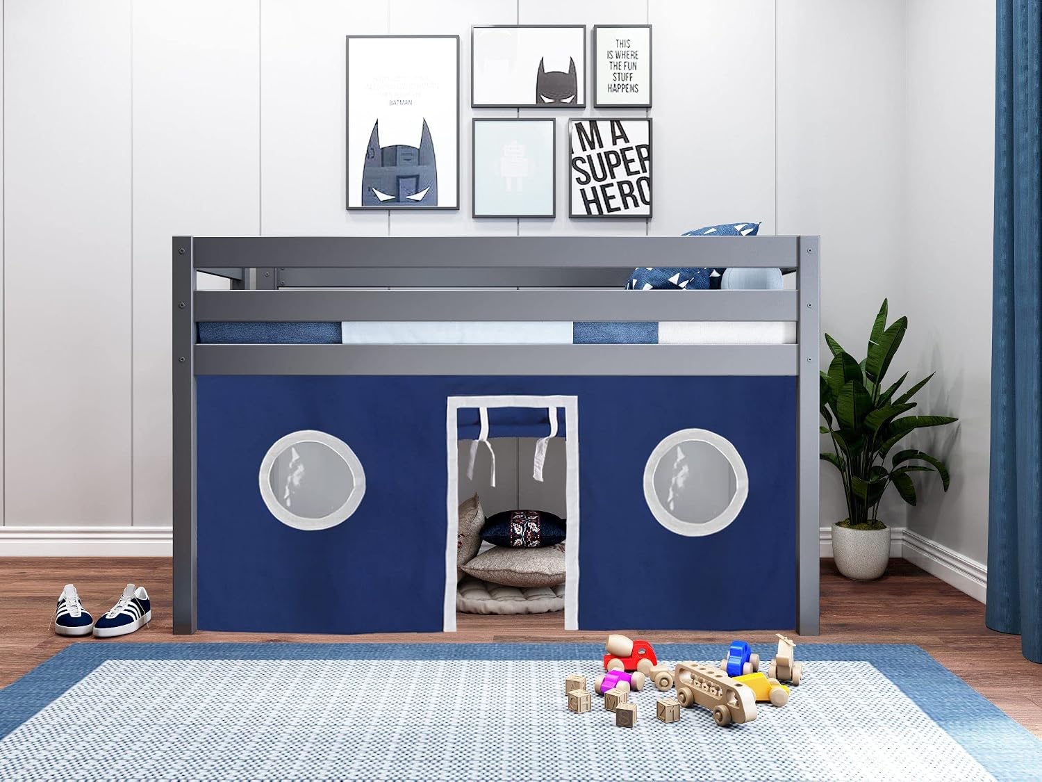 JACKPOT! Contemporary Low Loft Twin Bed with End Ladder, Gray with Blue & White Tent