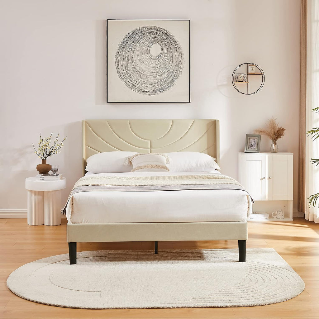 VECELO Queen Size Upholstered Platform Bed Frame with Fabric Headboard,Wooden Slats Support/No Box Spring Needed/Mattress Foundation/Easy Assembly,Beige