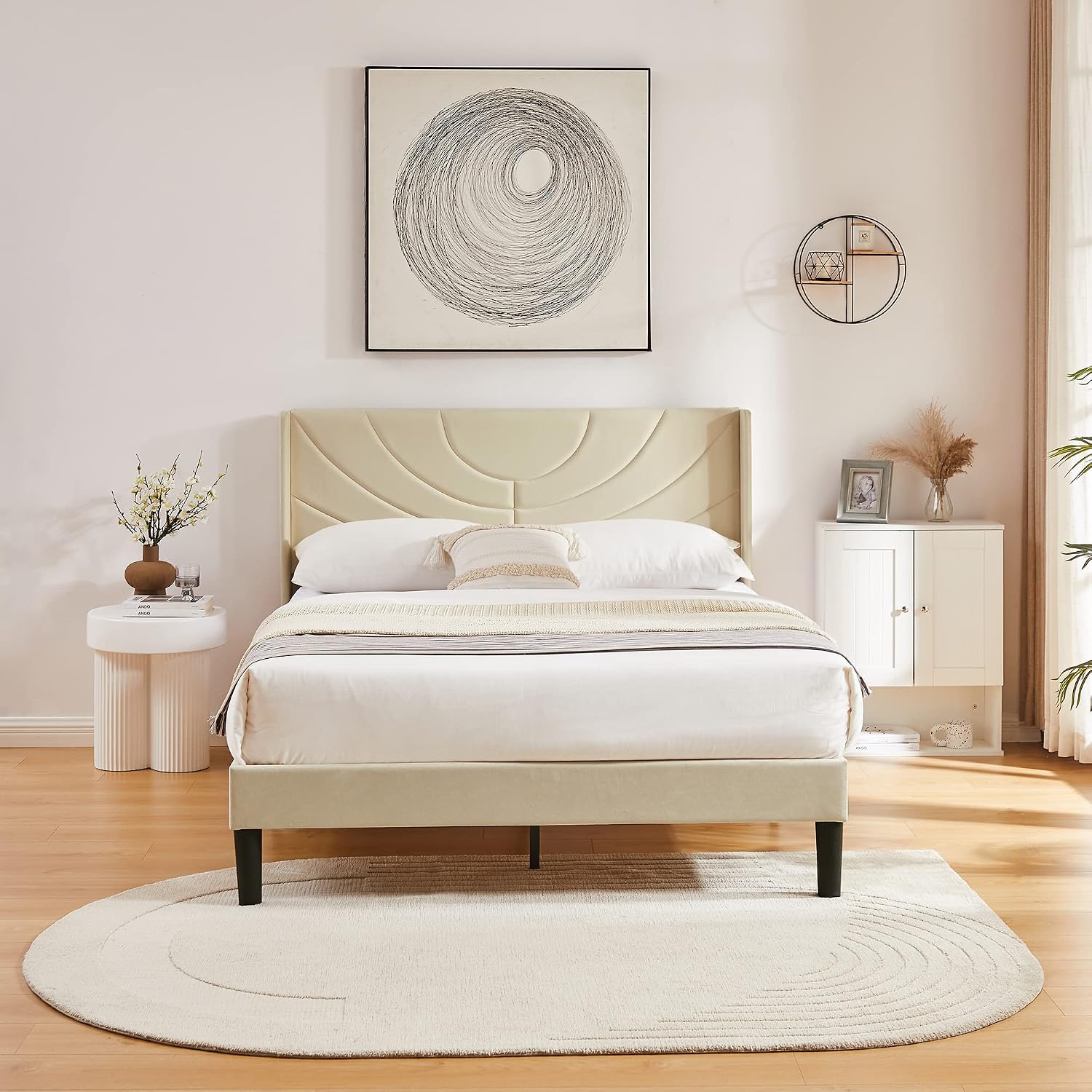 VECELO Queen Size Upholstered Platform Bed Frame with Fabric Headboard,Wooden Slats Support/No Box Spring Needed/Mattress Foundation/Easy Assembly,Beige