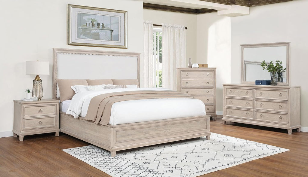 Coaster Home Furnishings - Pembroke - Wood - 5-Piece Bedroom Set with Molding Details, Nailhead Trim, Tapered Legs and Cable Access - Bedroom - Eastern King Size - Washed Oak - 215921KE-S5