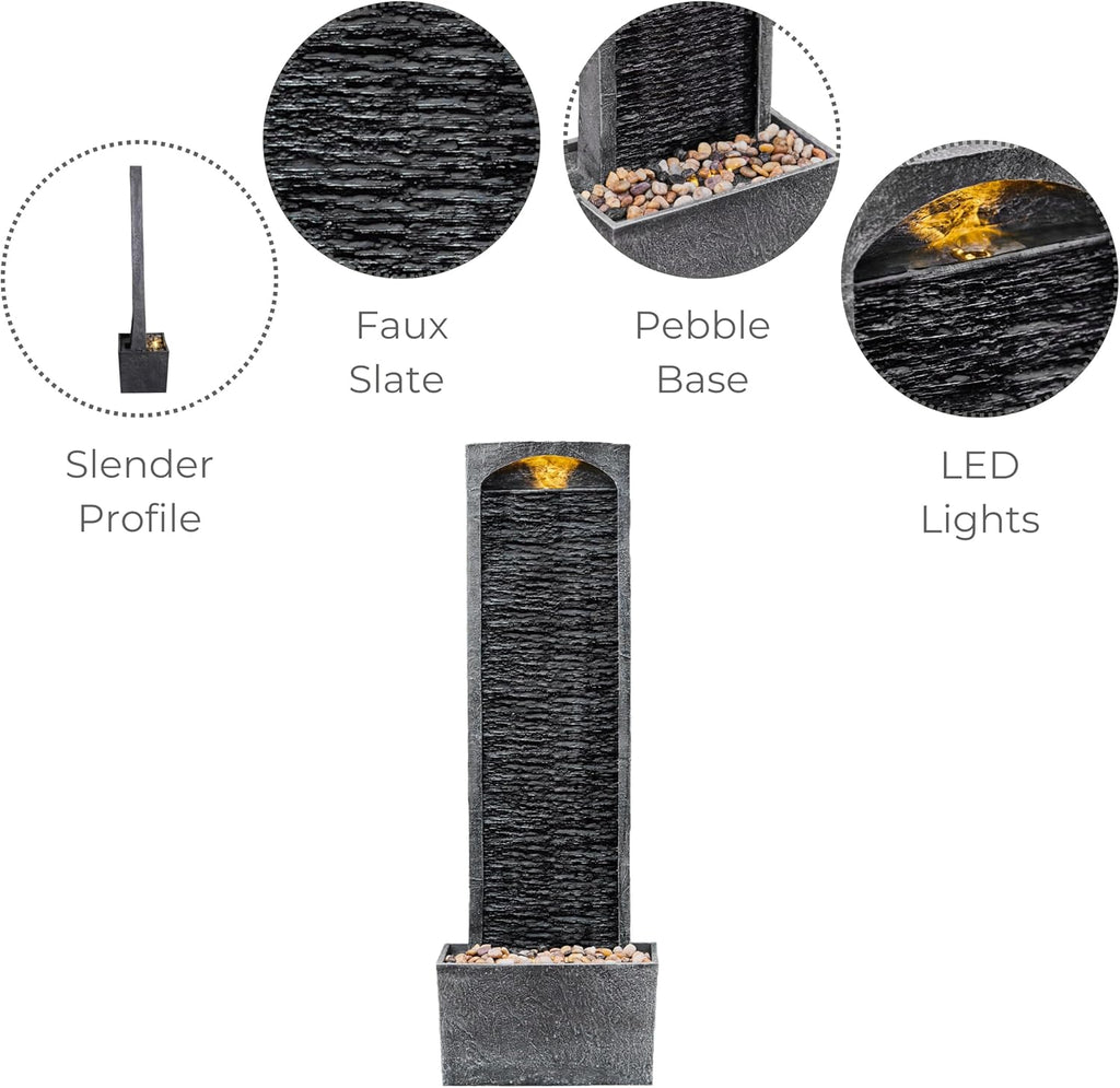 Teamson Home 38.5' Faux Slate Contemporary Outdoor LED Waterfall Fountain with Pebble Base, Gray/Black