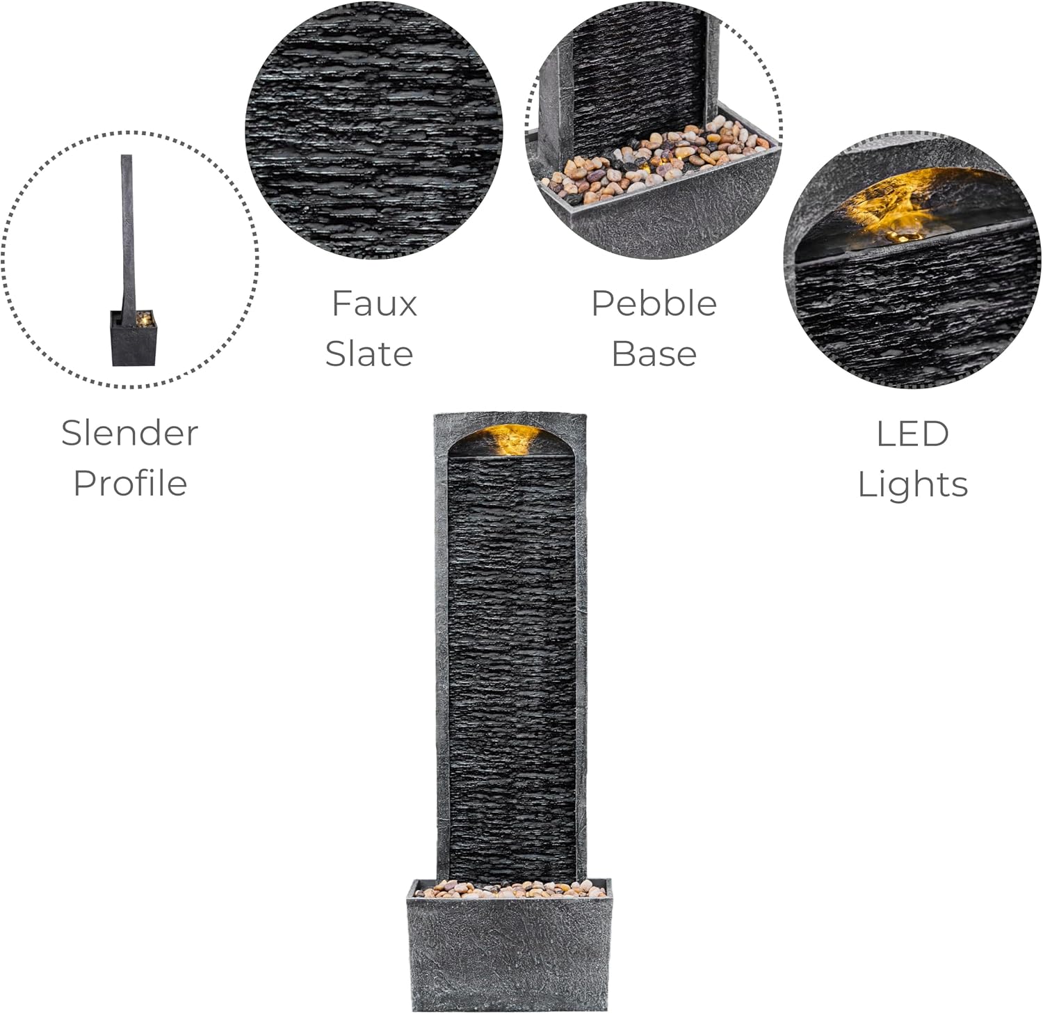 Teamson Home 38.5' Faux Slate Contemporary Outdoor LED Waterfall Fountain with Pebble Base, Gray/Black
