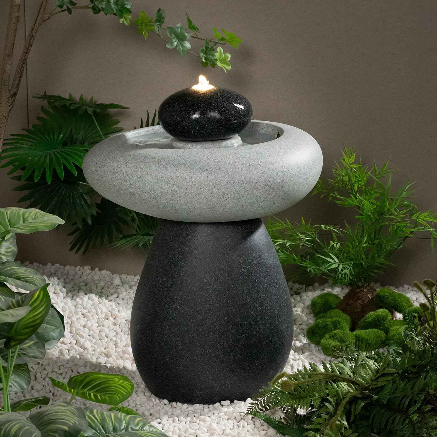 24.02' H Outdoor Water Fountain Made with Eco-Friendly Recyclable Materials, Polyethylene Rock Waterfall Outdoor Fountain, Garden Decor with LED Light & Pump for Patio, Backyard