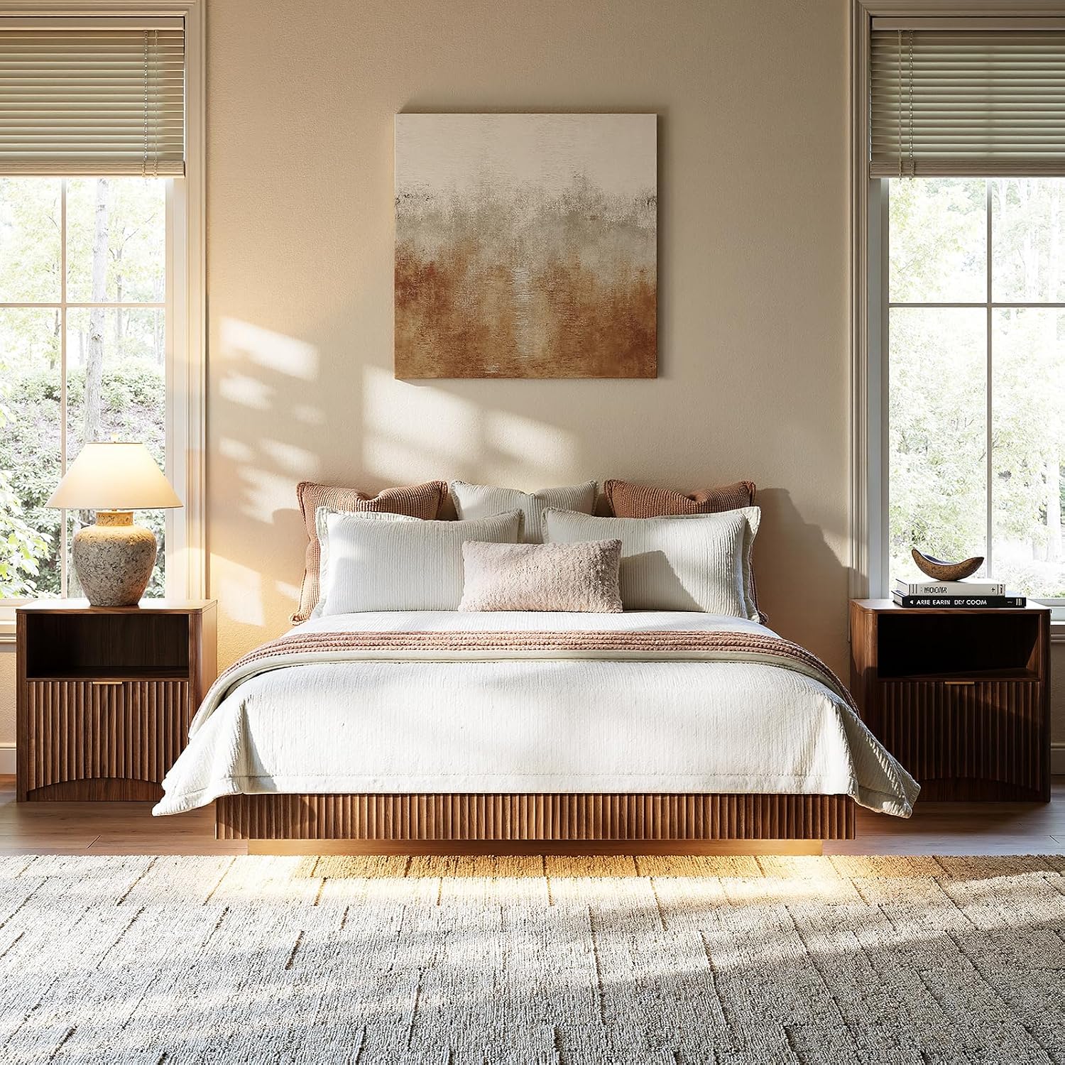 Evermagin Walnut Queen Floating Bed Frame with led Lights, Fluted 12In High Platform Bed No Headboard, Mid Century Modern Float Metal Bedframe, No Box Spring Needed (Walnut, Queen-12in high)
