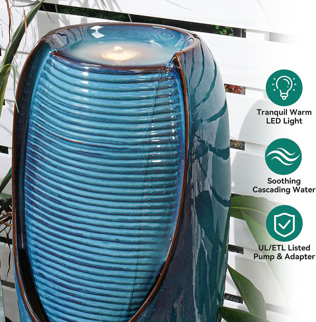 32' H Ceramic Jar Outdoor Water Fountain, Elegant Turquoise Water Feature Outside with LED Lights, Banana Leaf Texture, Soothing Cascading Waterfall for Garden Patio Yard Front Porch Decor