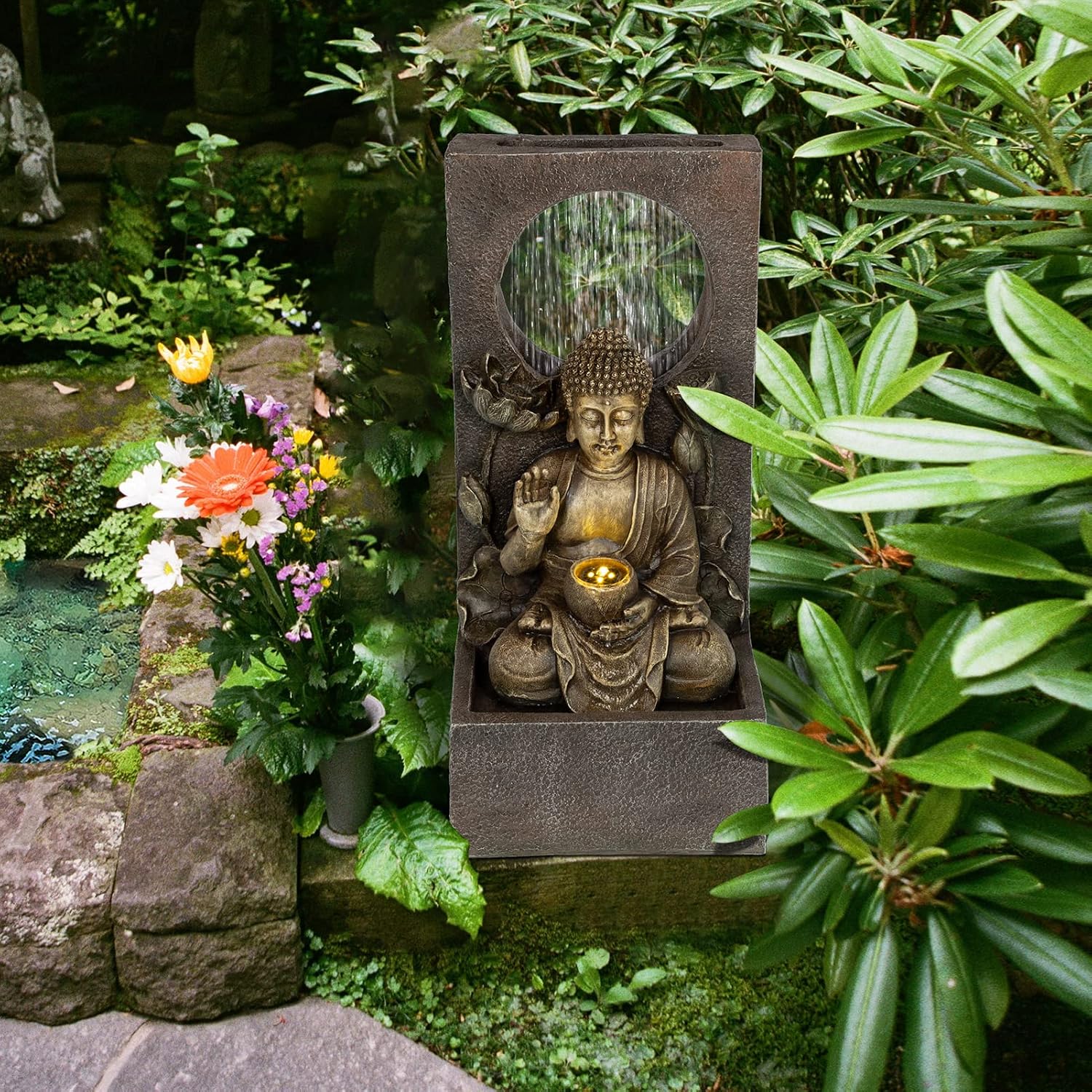 Ferrisland Buddha Waterfall Fountain Outdoor, Freestanding Relaxing Water Fountain, Asian Zen Fengshui Patio Garden Backyard Decking Home Decor, Gift Ideas (Gold, 27.6' H)