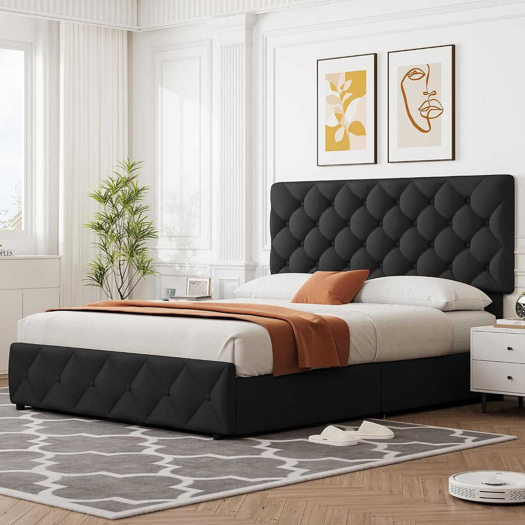 IDEALHOUSE Queen Size Bed Frame with 4 Storage Drawers and Adjustable Headboard, Linen Upholstered Platform Beds, Diamond Stitched Button Tufted, No Box Spring Needed, Black