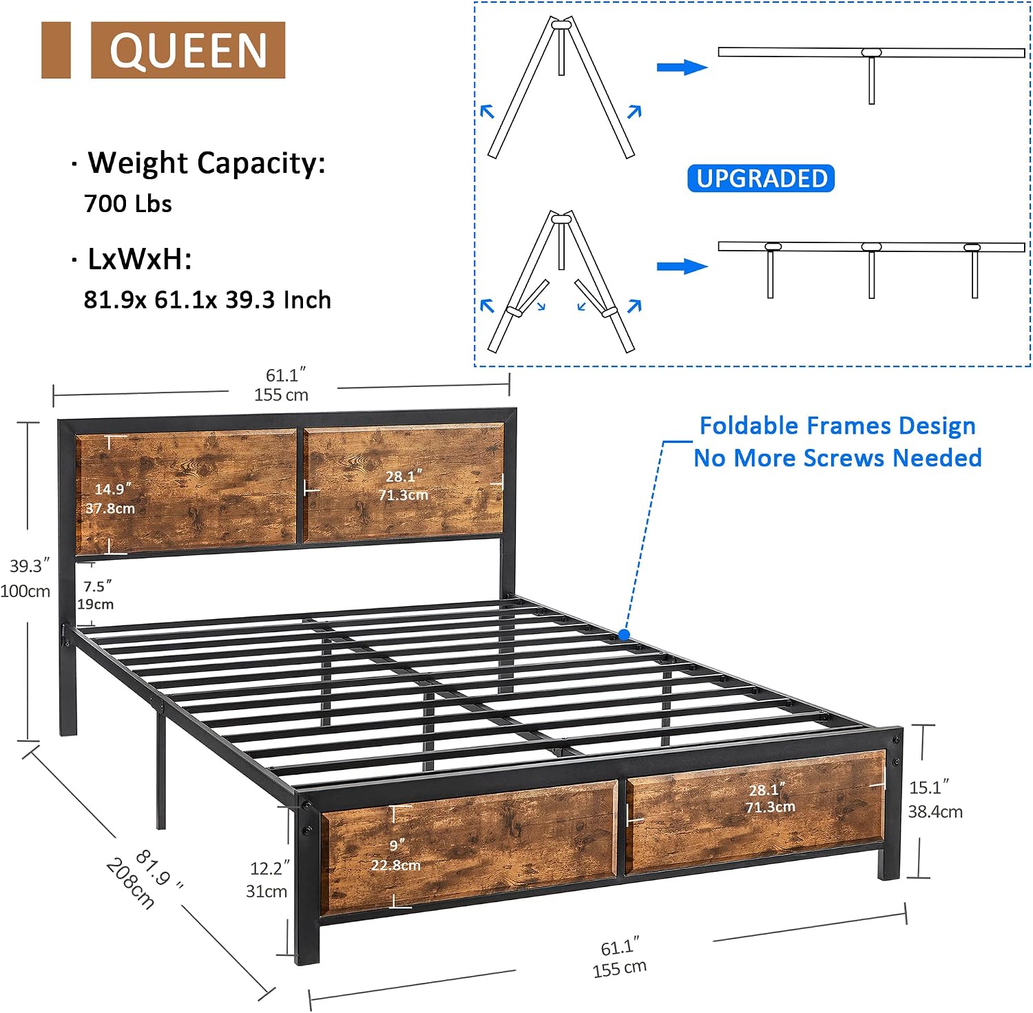 VECELO Queen Platform Bed Frame/Mattress Foundation with Rustic Vintage Wood Headboard, Strong Metal Slats Support, No Box Spring Needed
