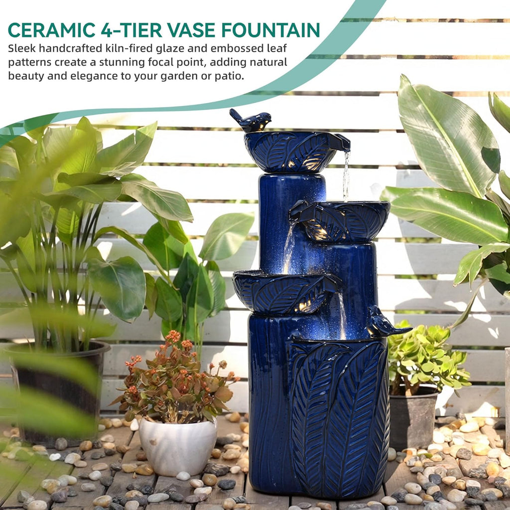 33' H Ceramic Outdoor Water Fountain with LED Lights, 4-Tier Bowl Water Feature with Birds, Cobalt Blue Glaze, Embossed Leaf Pattern, Cascading Waterfall for Tranquil Garden, Patio, or Porch