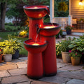 27' Outdoor Water Fountain with LED Lights, 3-Tier Cascading Faux Ceramic Column Water Feature with Pump for Garden Patio Backyard, Weather-Resistant Resin Waterfall for Serene Oasis, Red
