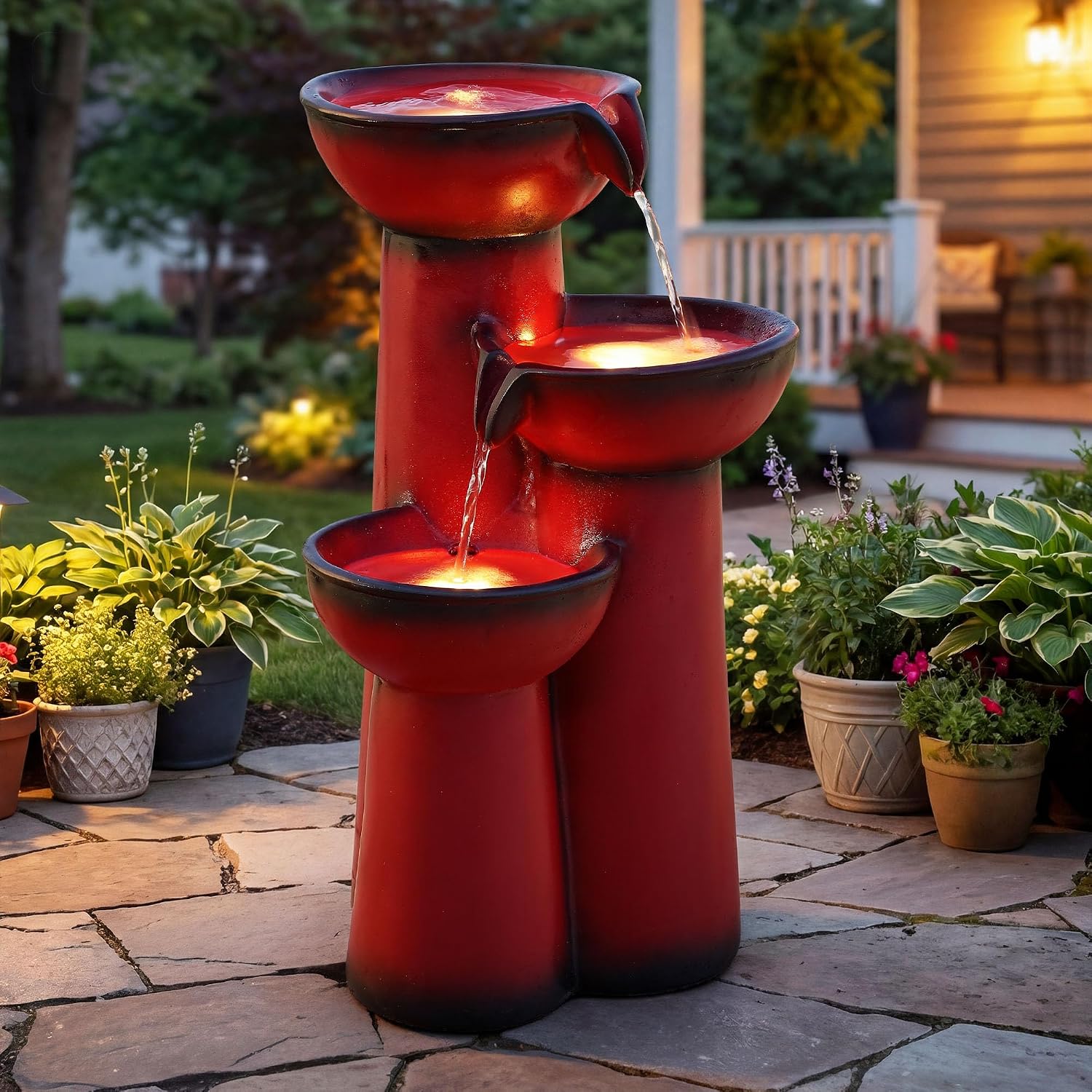 27' Outdoor Water Fountain with LED Lights, 3-Tier Cascading Faux Ceramic Column Water Feature with Pump for Garden Patio Backyard, Weather-Resistant Resin Waterfall for Serene Oasis, Red
