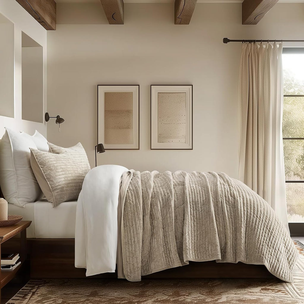 EverGrace Velvet Quilt Set California King 118'' x 106'', Luxurious Soft Striped Channel Bedding Set, Lightweight Velvet Comforter for All Season, Oversized Bedspread Coverlet w/ 2 Shams, Beige Taupe
