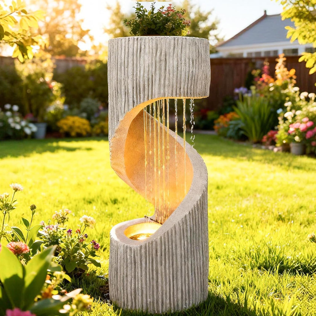 40' Outdoor Water Fountain with LED Light, S-Shaped Modern Curved Outdoor Fountain, Spiral Column Fountain, Decorative Waterfall Feature with Flat Top Plant Display for Garden, Patio Decor