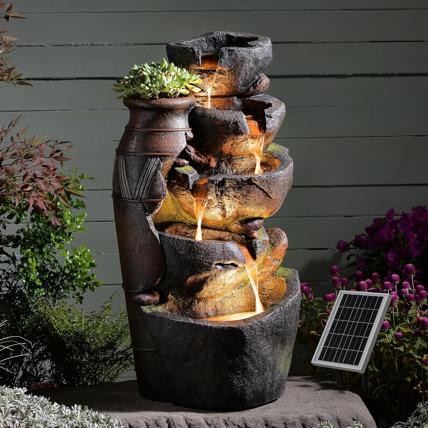 5 Tier Rock Solar Water Fountain Outdoor with Vintage Jar, Cascading Waterfall Fountain with LED Lights, Outdoor Fountains for Garden or Patio, Yard, Deck Decor, 16.5' L x 12.6' W x 31.7' H
