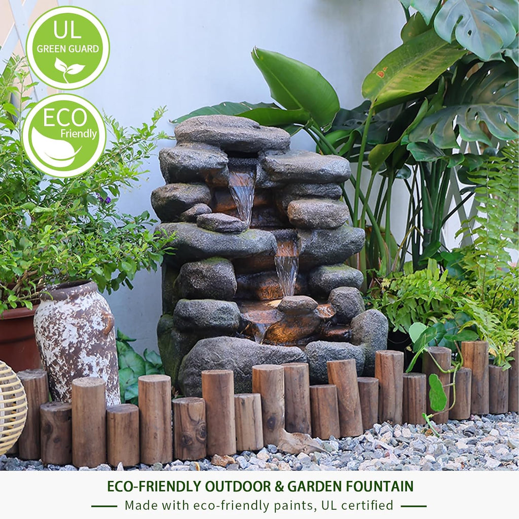 Bumilgar 23.4' H Garden Outdoor Rock Water Fountain with LED Lights, 4-Tier Cascading Waterfall Fountain, Faux Stone Resin Water Feature for Patio, Backyard & Home Decor