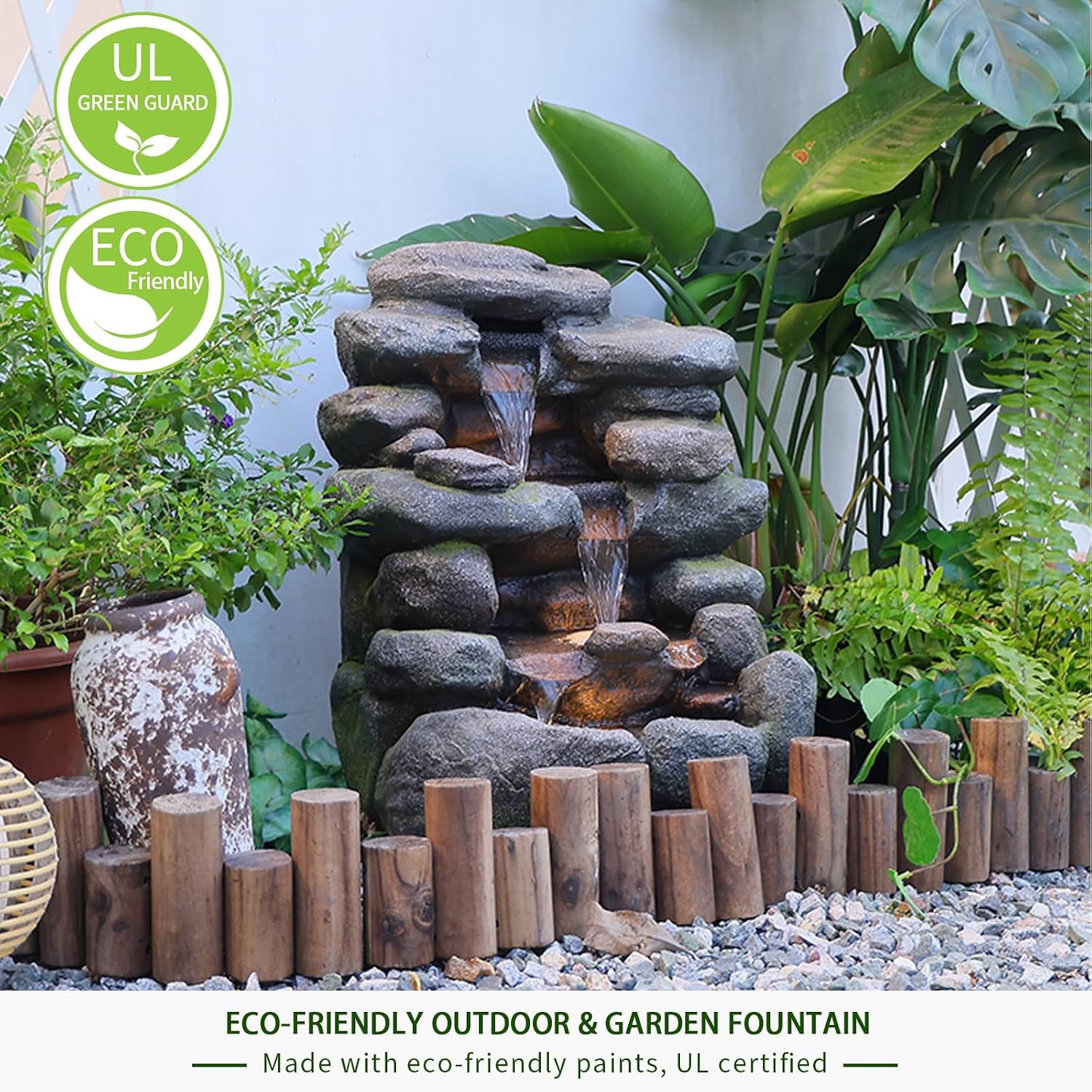 Bumilgar 23.4' H Garden Outdoor Rock Water Fountain with LED Lights, 4-Tier Cascading Waterfall Fountain, Faux Stone Resin Water Feature for Patio, Backyard & Home Decor