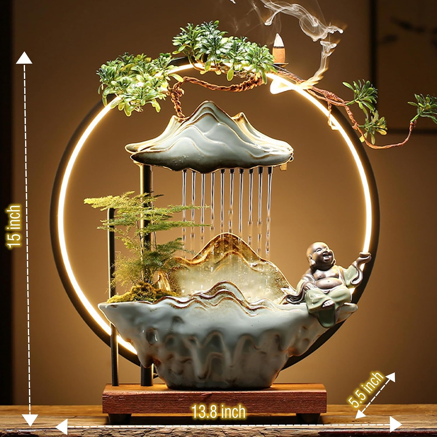 Ceramic Maitreya Buddha Incense Burner, Waterfall Lotus LED Light Ring Backflow Aromatherapy Ornament, with Incense Cones for Home Office Decor for Relaxation Yoga Gift (Buddha-3)