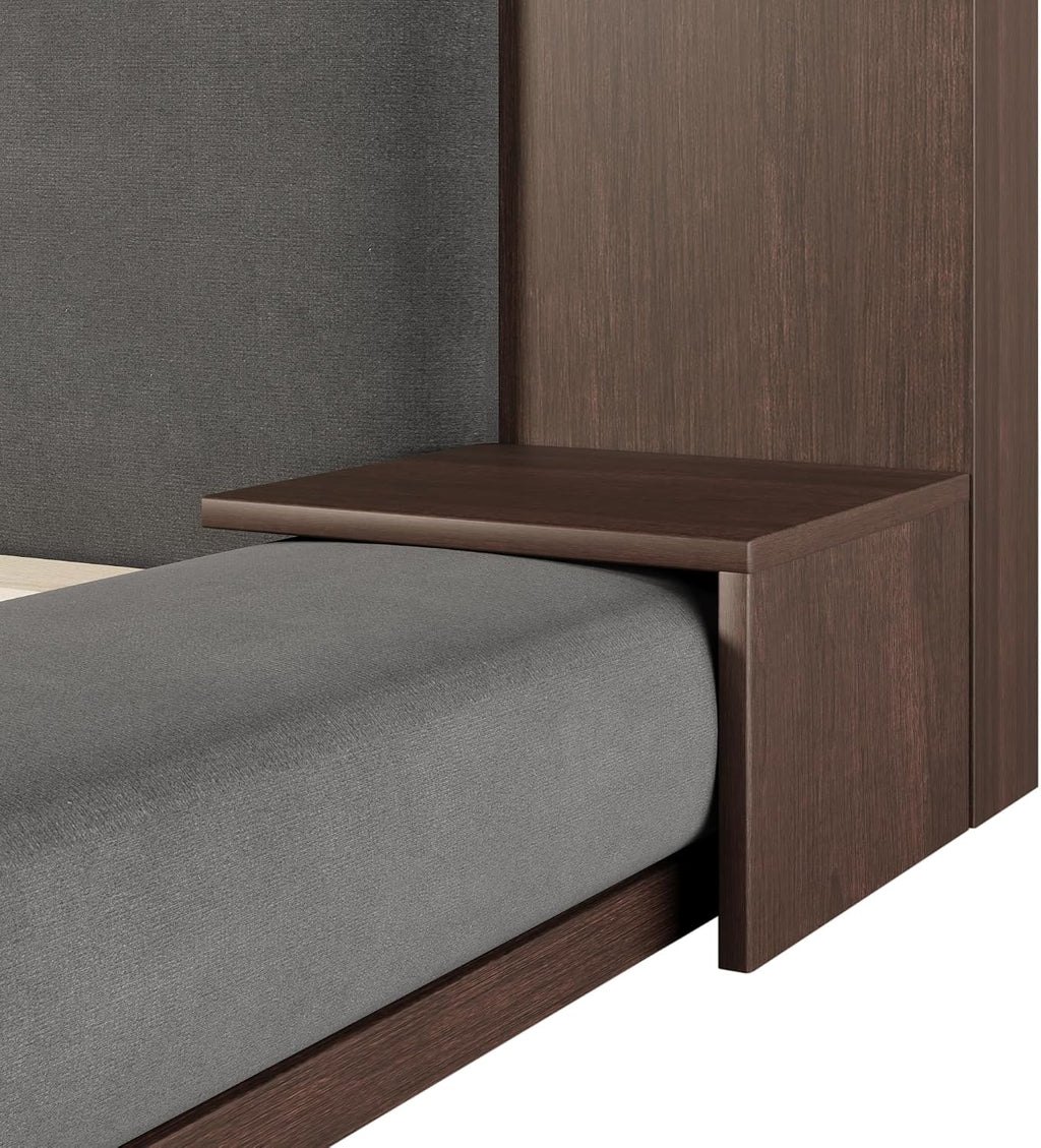 King Size Floor Upholstered Platform Bed with Extended Wood Headboard and Side Storage Shelves, Modern Velvet Platform Bed Frame with Slats Support, No Box Spring Required, Noise-Free