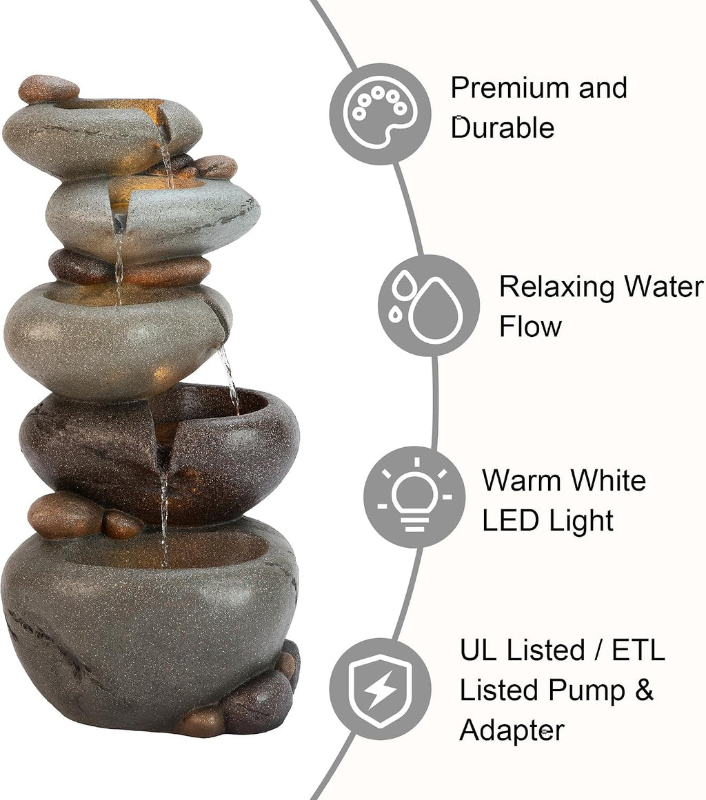 Glitzhome Water Fountain Outdoor, 5-Tiered Stacked Pebbles Outdoor Fountain with LED Lights and Pump, 24.5' H Zen Style Polyresin Waterfall Fountain Water Feature for Garden, Yard, Patio, Porch Decor