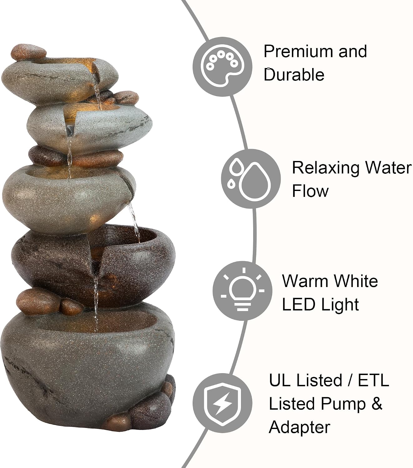 Glitzhome Water Fountain Outdoor, 5-Tiered Stacked Pebbles Outdoor Fountain with LED Lights and Pump, 24.5' H Zen Style Polyresin Waterfall Fountain Water Feature for Garden, Yard, Patio, Porch Decor