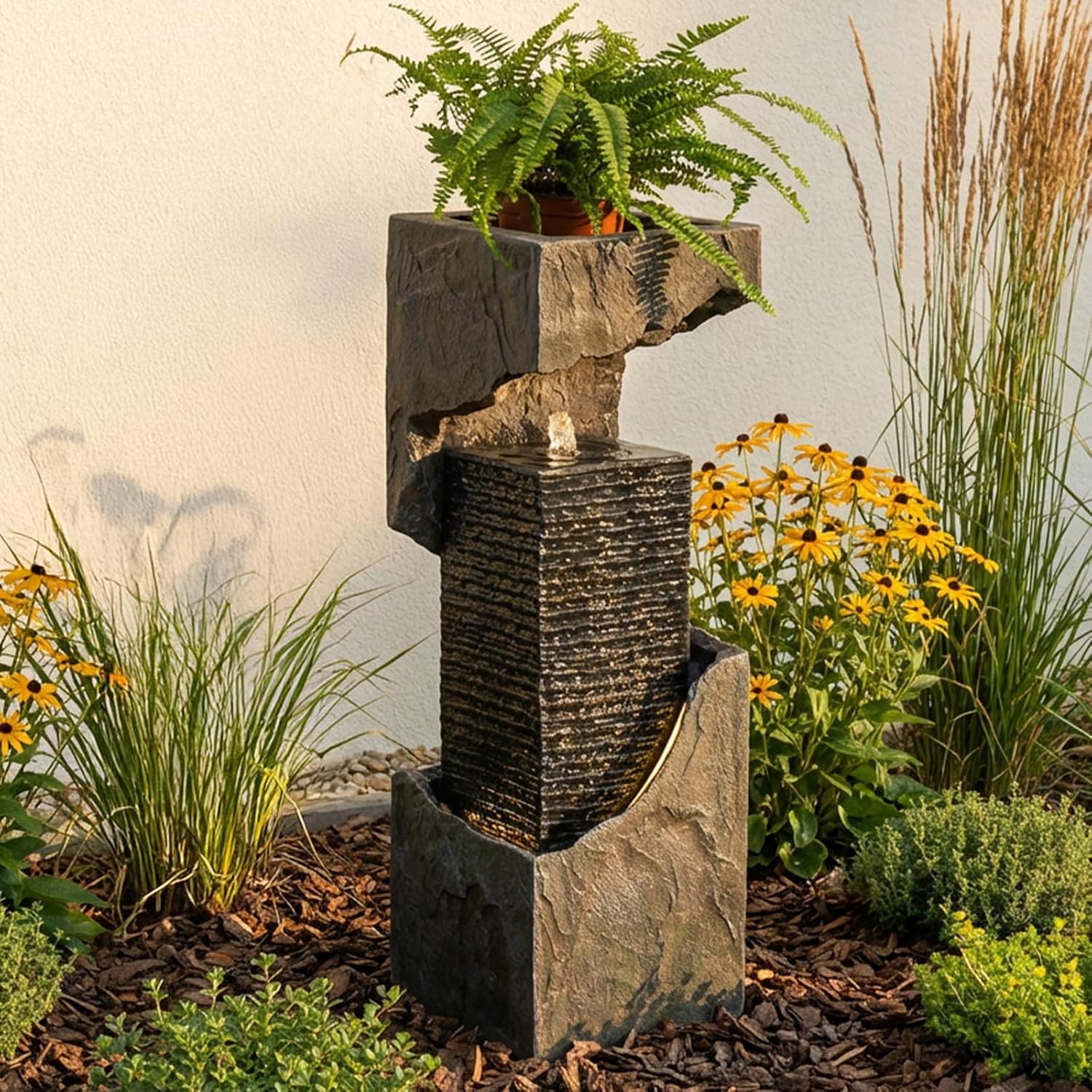 Water Fountain Outdoor Garden 35.4' H Modern Outdoor Fountains and Waterfalls with Lights Flooring Standing Indoor Water Fountains for Garden, Patio, Deck, Backyard, Porch and Home Art Decor
