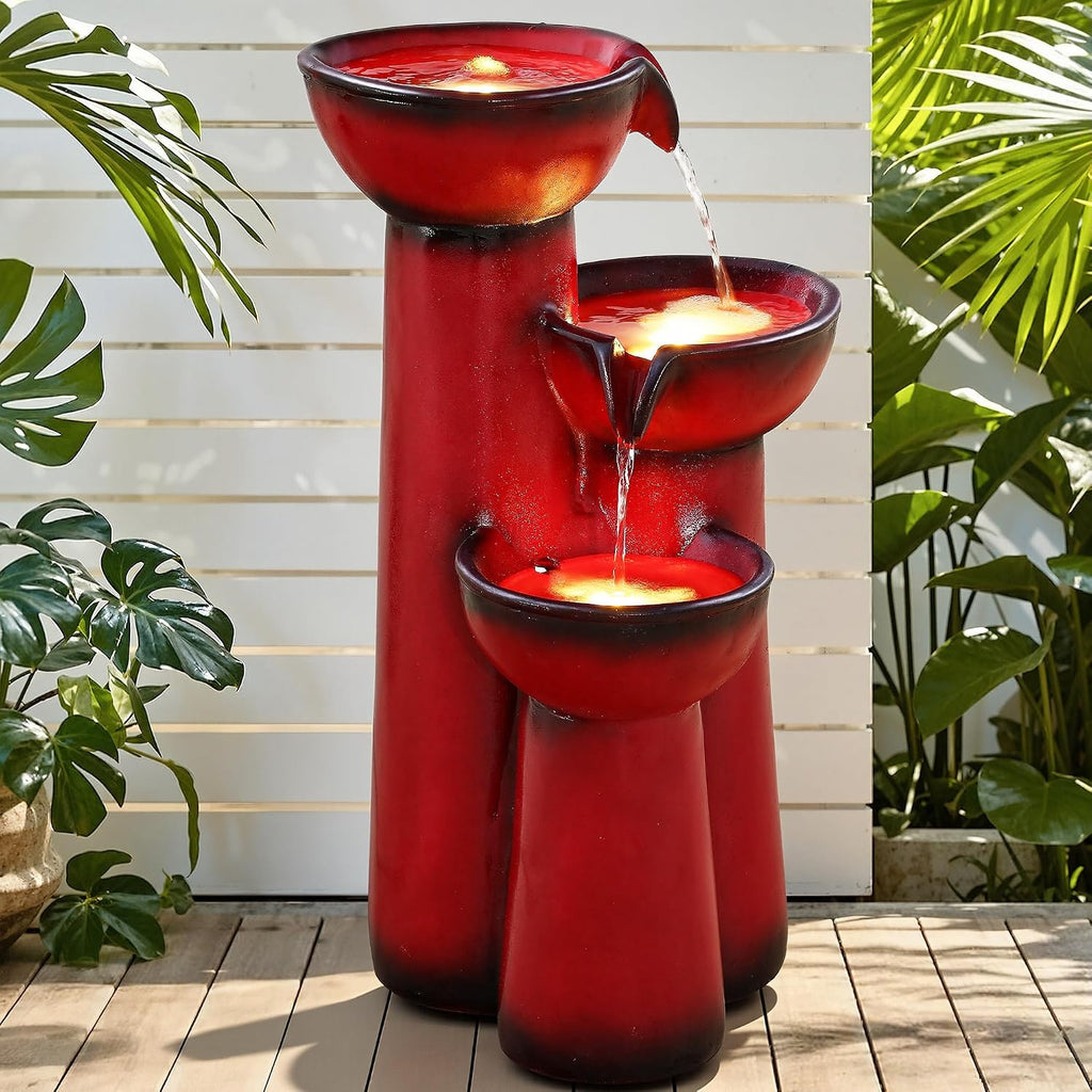 27' Outdoor Water Fountain with LED Lights, 3-Tier Cascading Faux Ceramic Column Water Feature with Pump for Garden Patio Backyard, Weather-Resistant Resin Waterfall for Serene Oasis, Red