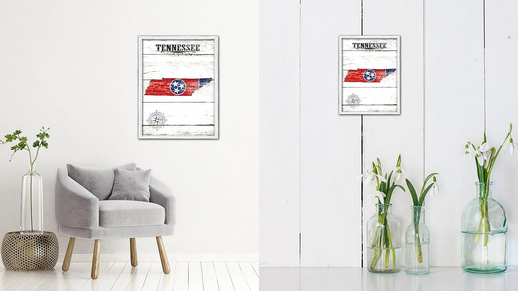 Tennessee State Map Flag Cottage Shabby Chic Gifts Home Decor Wall Art Canvas Print, White Wash Wood Frame, 22' x 29'